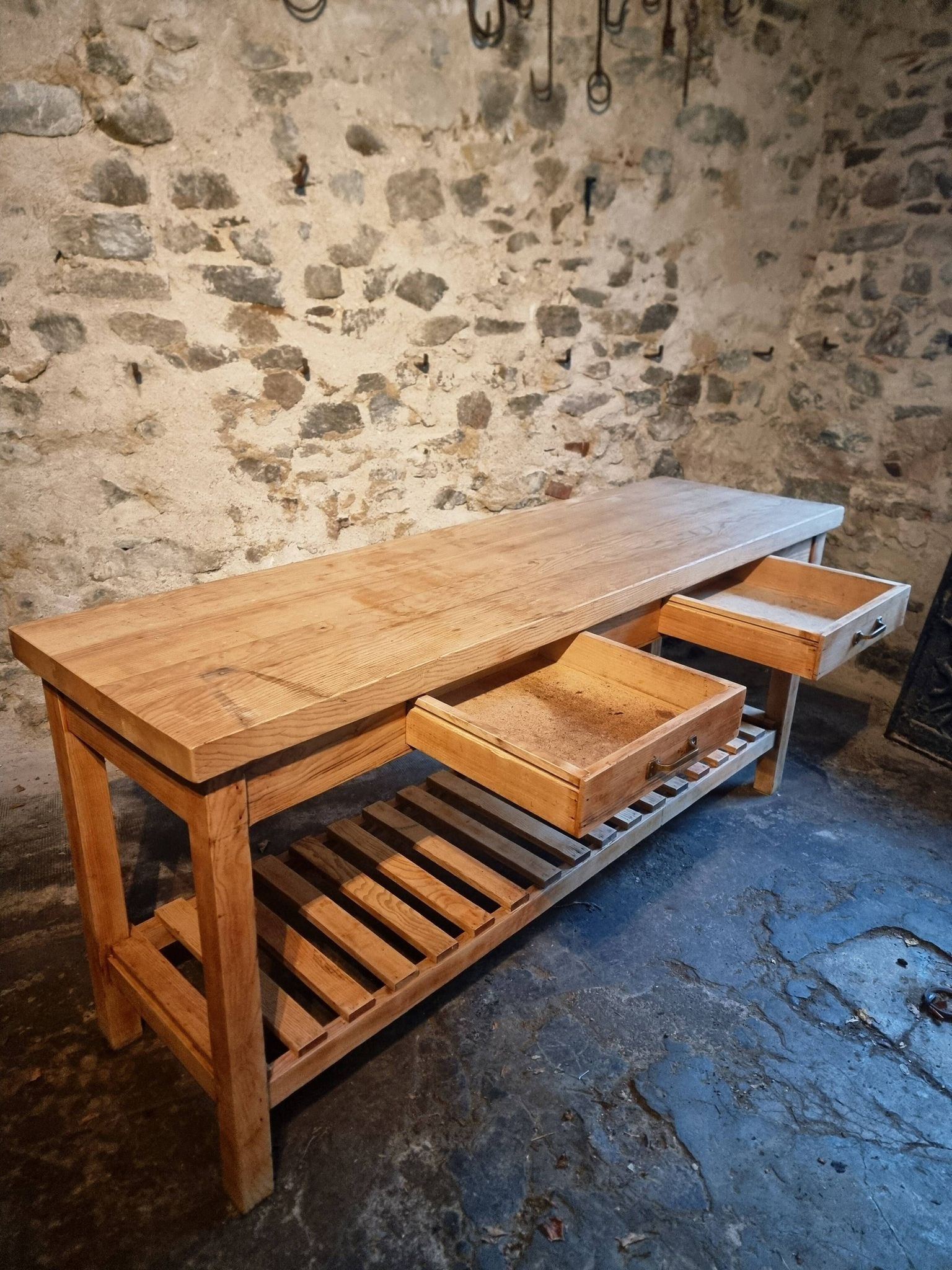 Old French baker's table – kitchen island / work table in solid chestnut with drawers.
