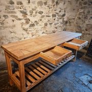 Old French baker's table – kitchen island / work table in solid chestnut with drawers.