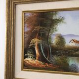 Tableau, Peinture, Forêt automnale en bord de rive, signé TOM, France