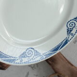 Ancien plat à gâteaux français piédouche art déco bleu&blanc