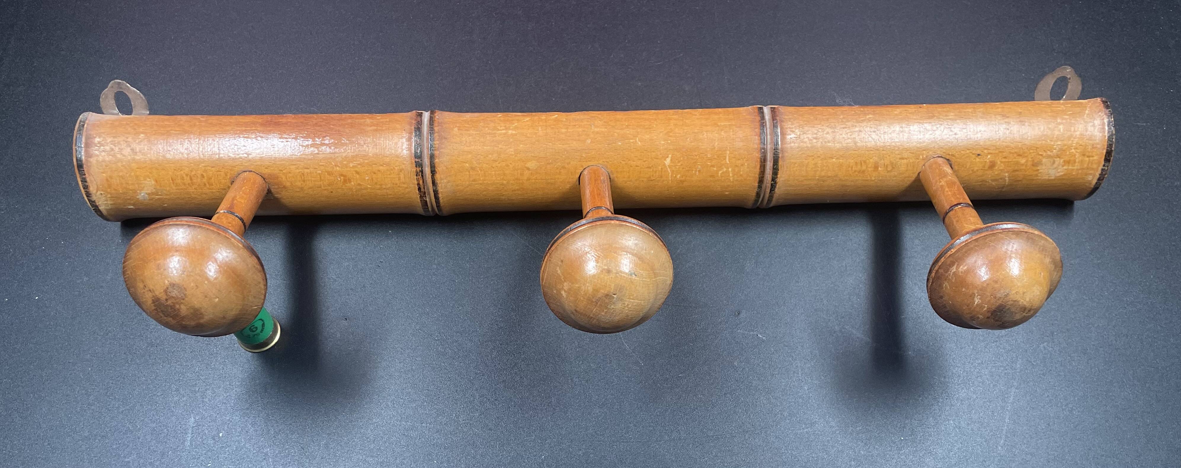 Old turned wooden coat rack 1930s bamboo style - 3 hooks