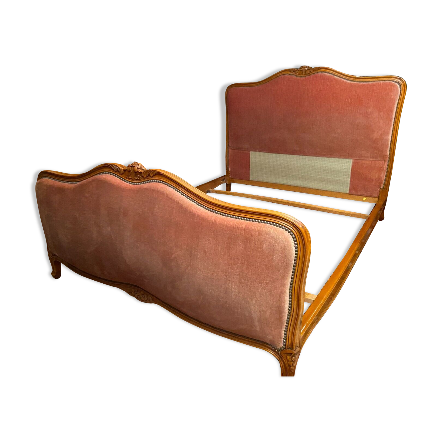 Bed in cherry wood blond carved velvet pink style Louis XV for sleeping 190x140