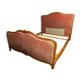 Bed in cherry wood blond carved velvet pink style Louis XV for sleeping 190x140