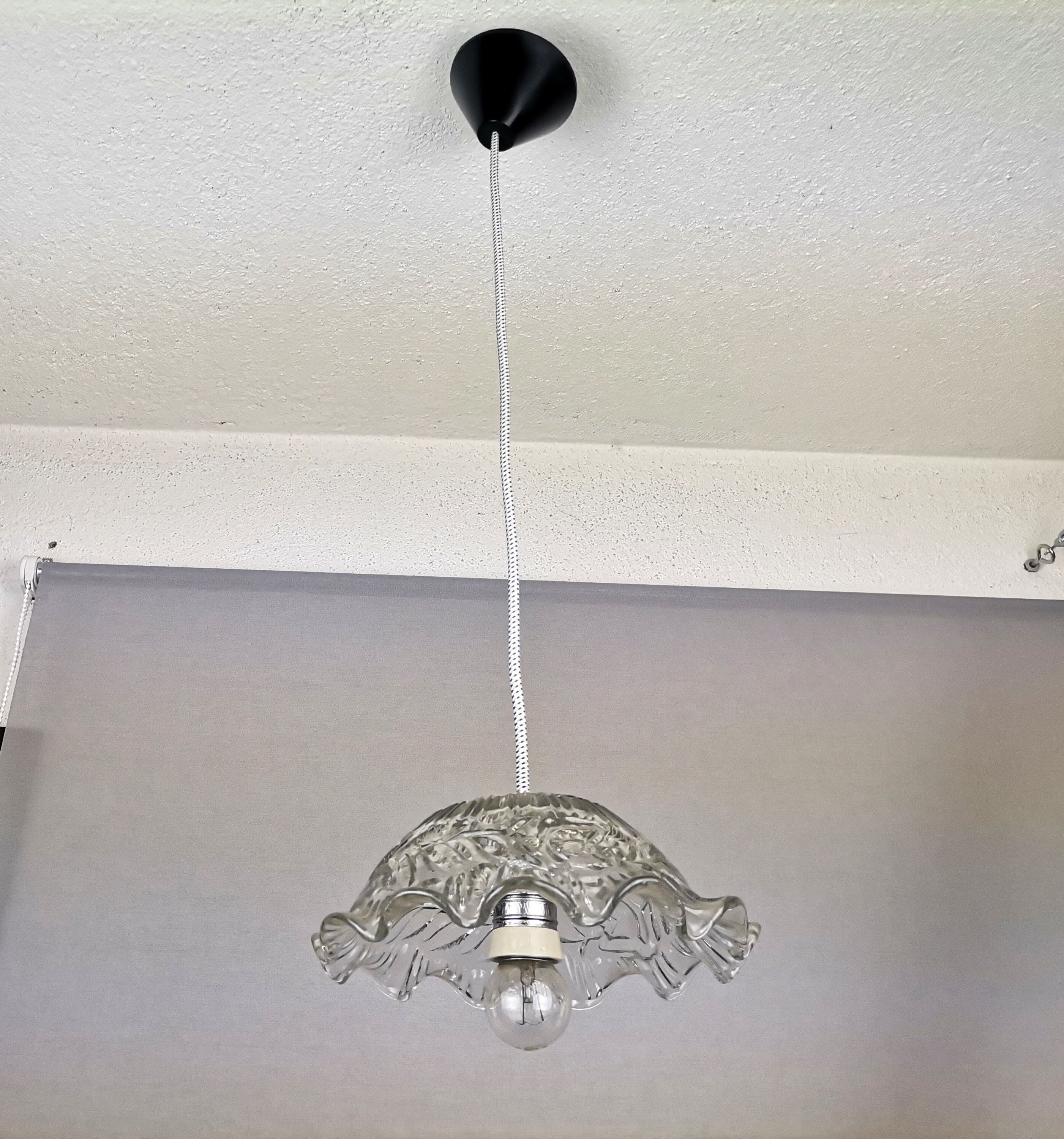 Portuguese farmhouse mid century clear floral glass hanging lamp, 1960s