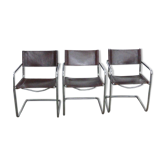 3 Matteo Grassi armchairs in brown leather and vintage chrome structure and design