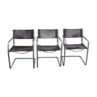 3 Matteo Grassi armchairs in brown leather and vintage chrome structure and design