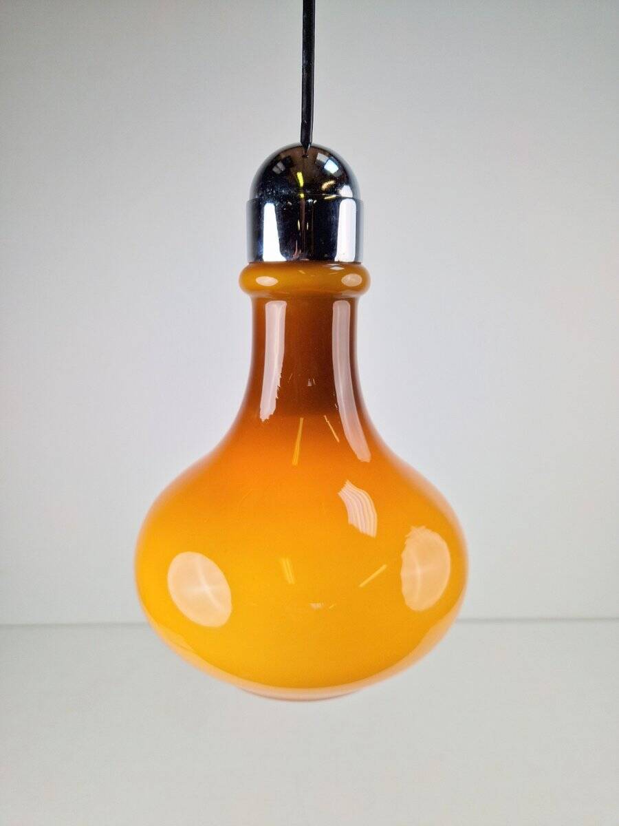 Vintage Scandinavian Drop Pendant Lamp in Brown Opal Glass and Chrome from Peill & Putzler, 1960s