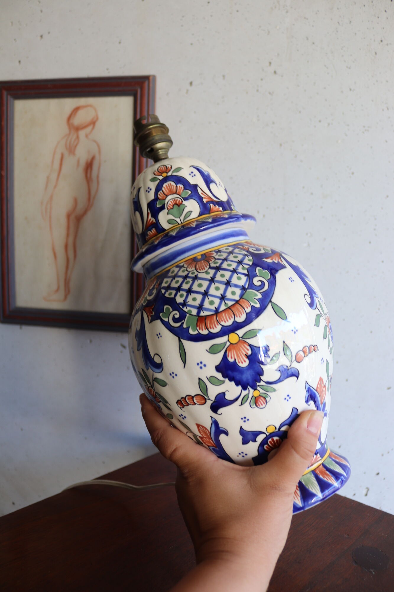 Earthenware lamp base "vieux rouen" from the Manufacture d'art Desvroise