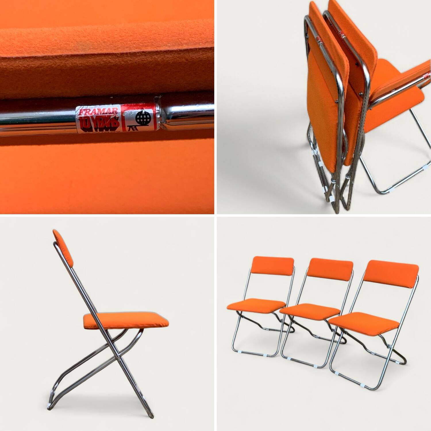 Framar orange felt folding chairs 1970