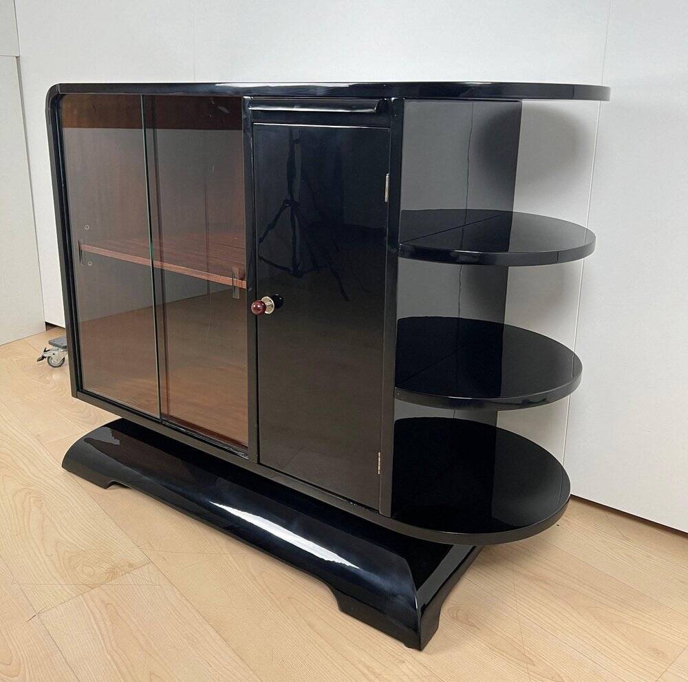 French Art Deco Half Cabinet in Black Lacquer and Mahogany, 1930