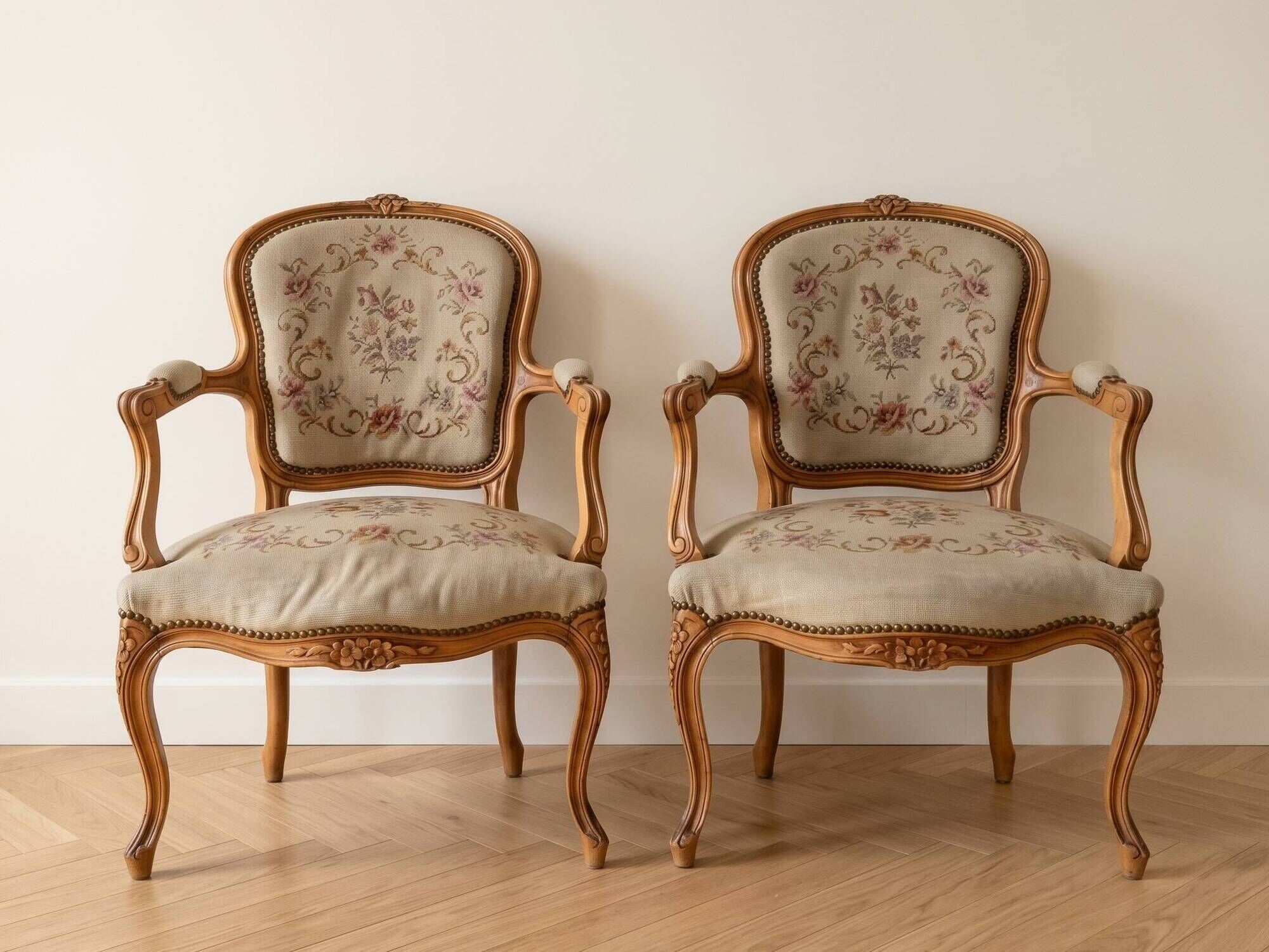Pair of Louis XV/XVI armchairs in carved wood and floral fabric.