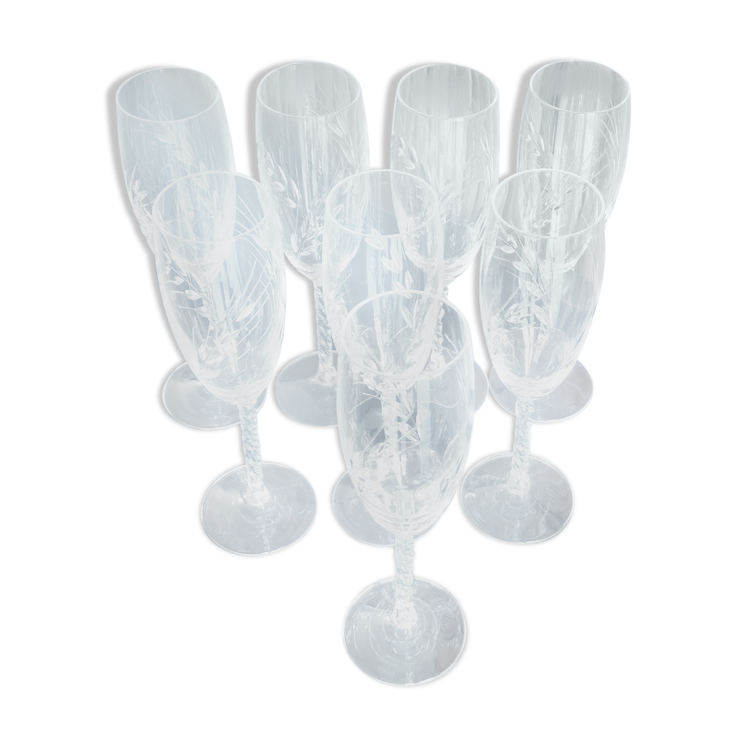 Lot 8 flûtes à champagne cristal taillé pied torsadé epis cristal d'arques