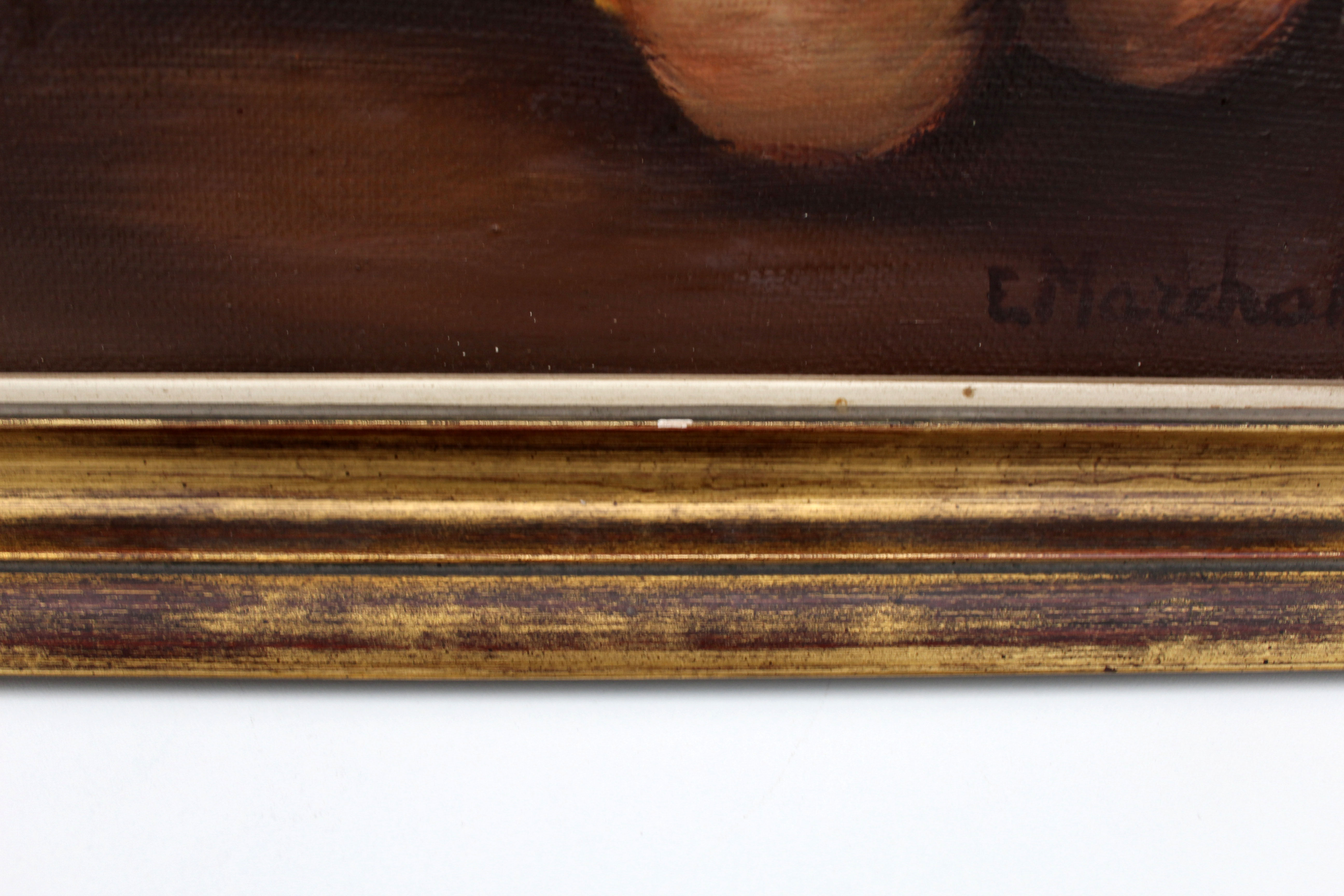Vintage oil painting on canvas and gold gilded wood frame, still life