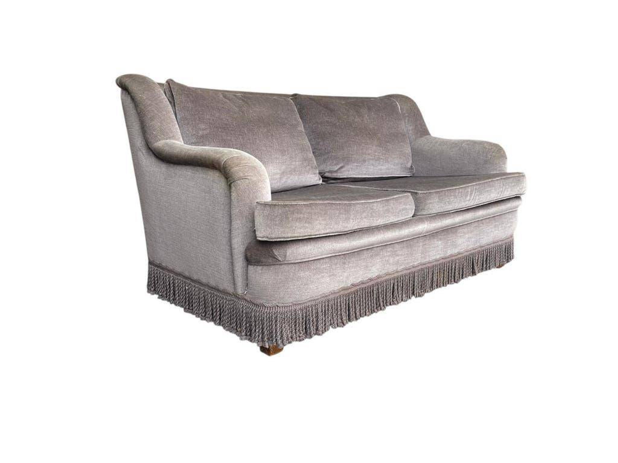 Vintage taupe two-seater armchair/sofa with fringes.