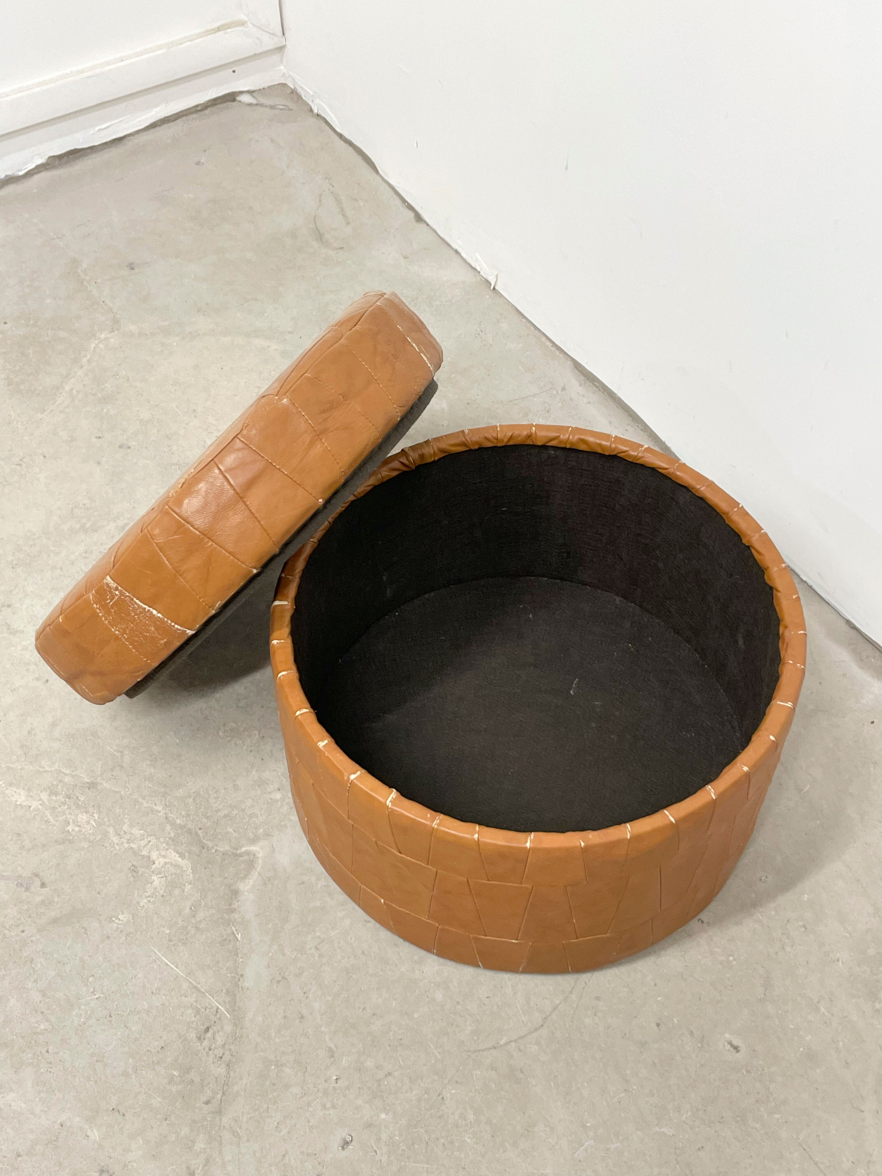 Brown leather patchwork storage pouffe