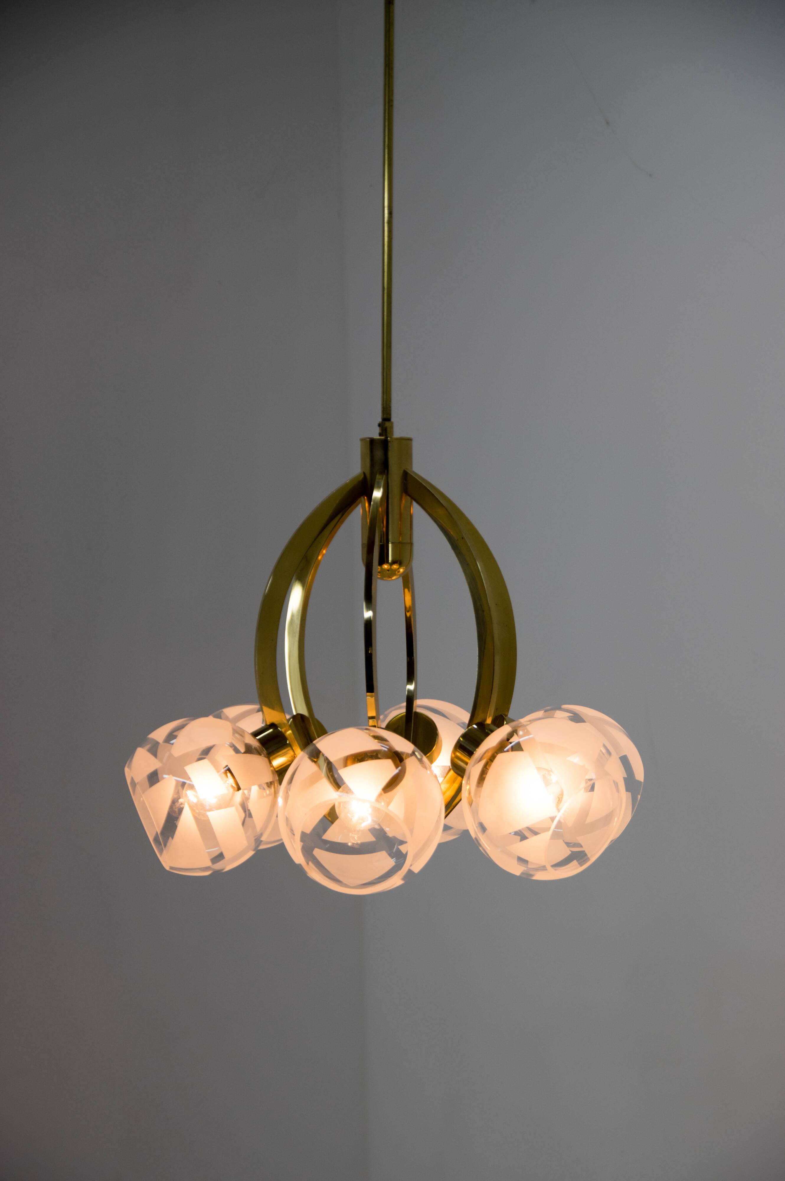 Brass and Glass 6-flamming Chandelier, 1980s