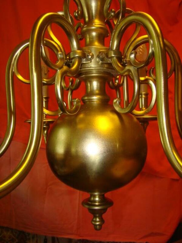 Lustre hollandais en bronze massif à 6 bras de lumière, époque début 20ème