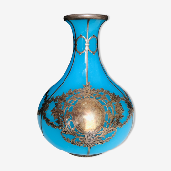 Blue oplaline vase and silver metal frame