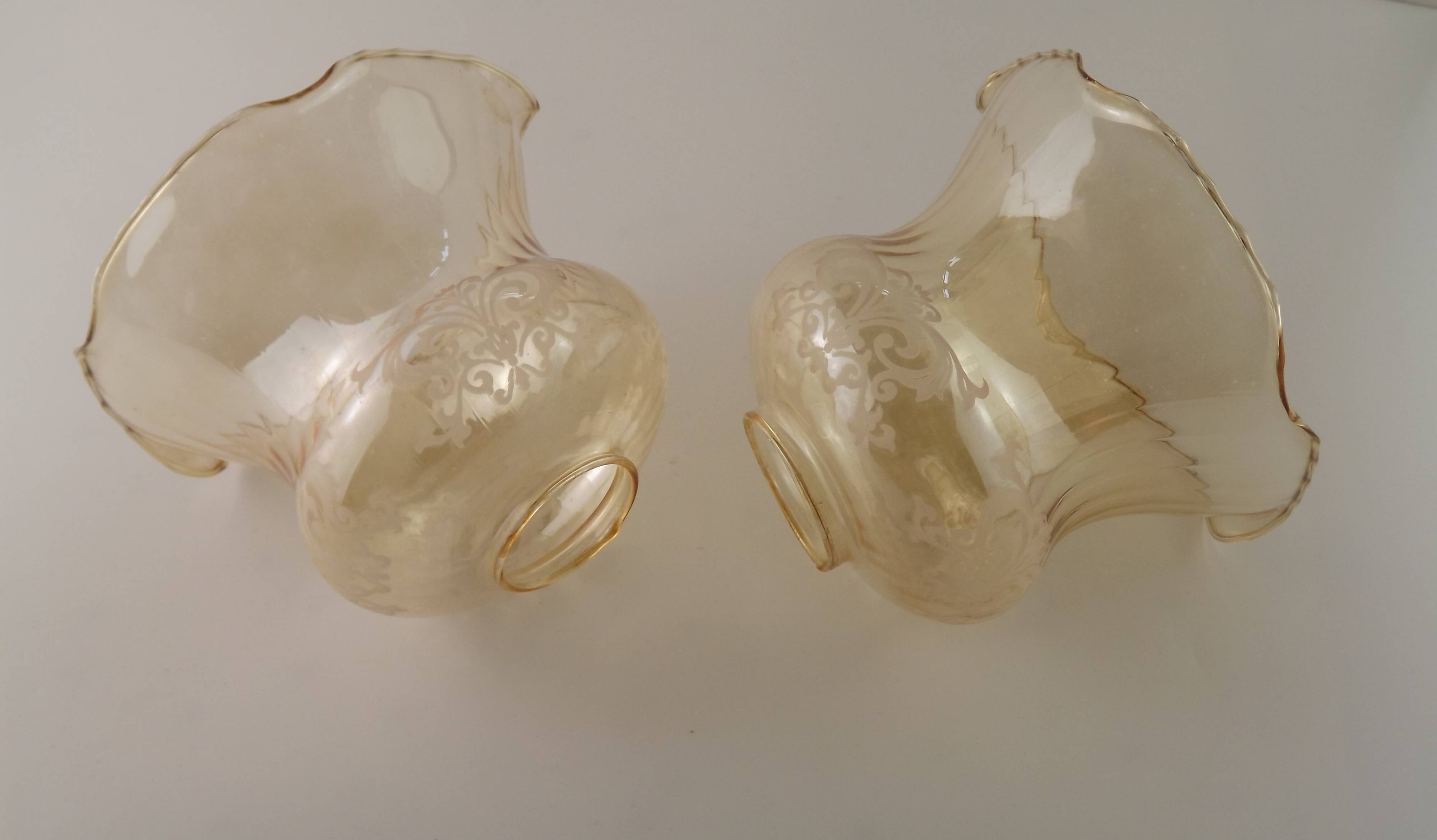 Set of 2 Vintage Glass Bell Shades in Smoked Amber Glass with Scroll Motif 5597