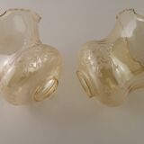 Set of 2 Vintage Glass Bell Shades in Smoked Amber Glass with Scroll Motif 5597