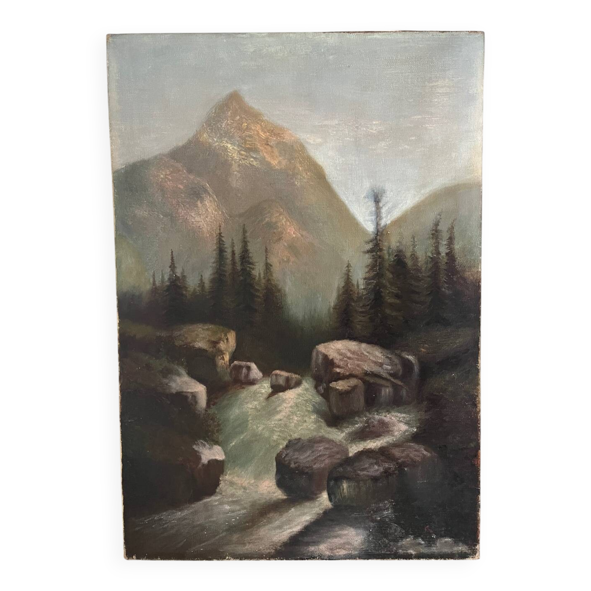 "The torrent in Savoie", mountain landscape, oil on canvas