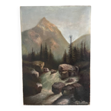 "The torrent in Savoie", mountain landscape, oil on canvas