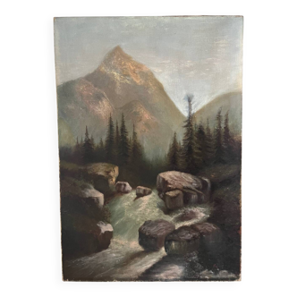 "The torrent in Savoie", mountain landscape, oil on canvas