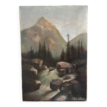 “Le torrent en Savoie”, paysage montagne, huile sur toile