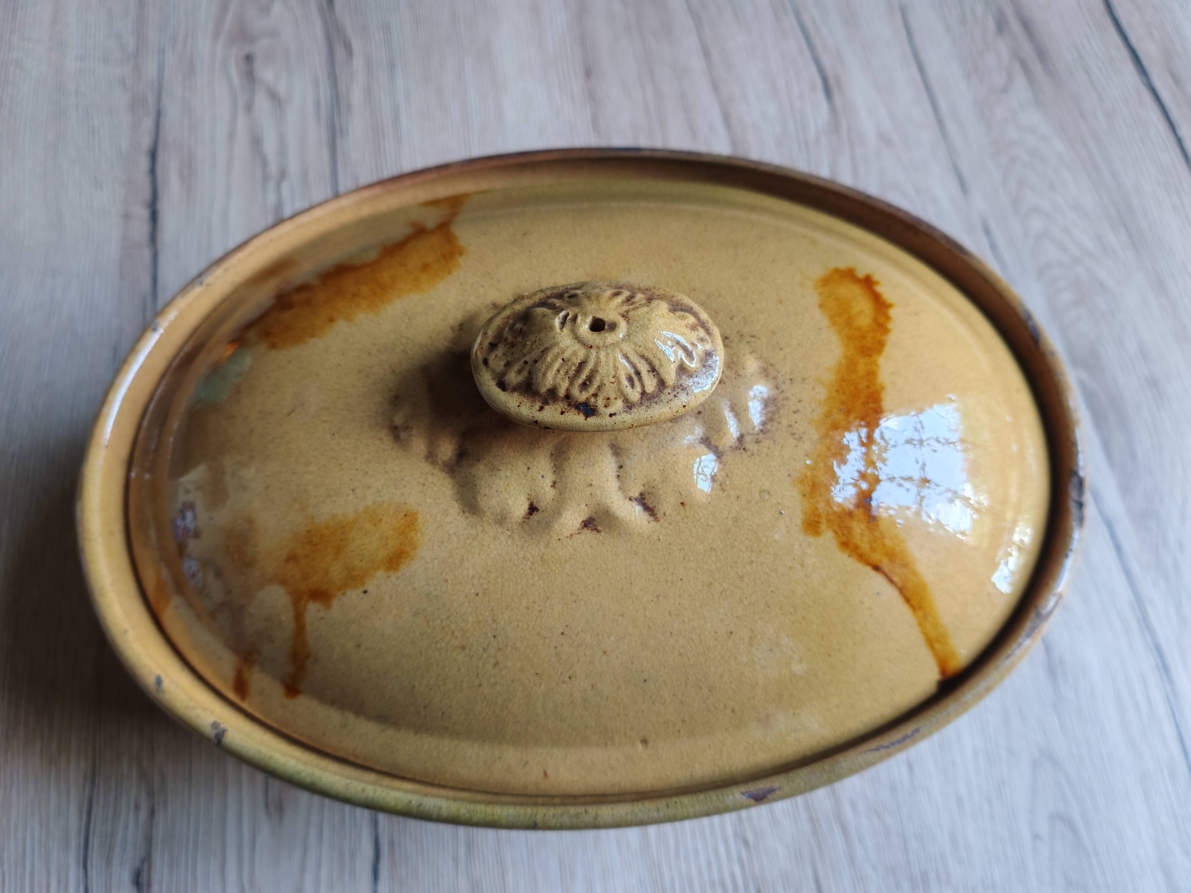 Old yellow ochre glazed terracotta terrine | Rustic pottery