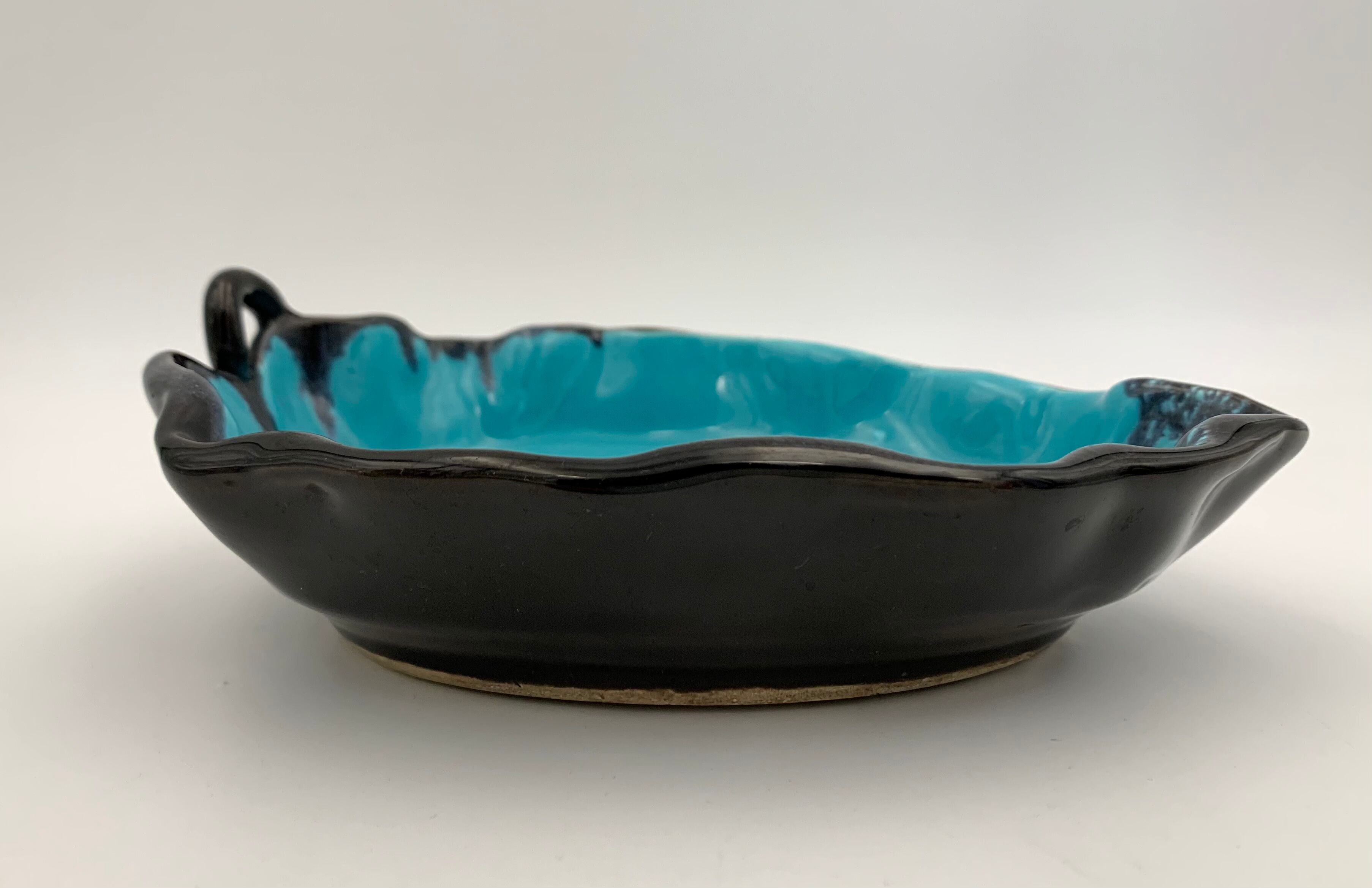 Vintage blue and black enameled ceramic trinket dish - 1960s-1970s