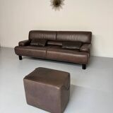 Antique buffalo leather sofa and pouf, de sede n' 18 design, from the 80s