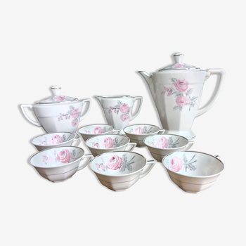 Limoges porcelain tea or coffee set by Legrand - Argenture and pink flowers