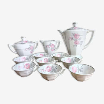 Service à thé ou à café en porcelaine de Limoges par Legrand - Argenture et fleurs roses