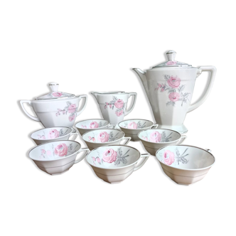 Limoges porcelain tea or coffee set by Legrand - Argenture and pink flowers