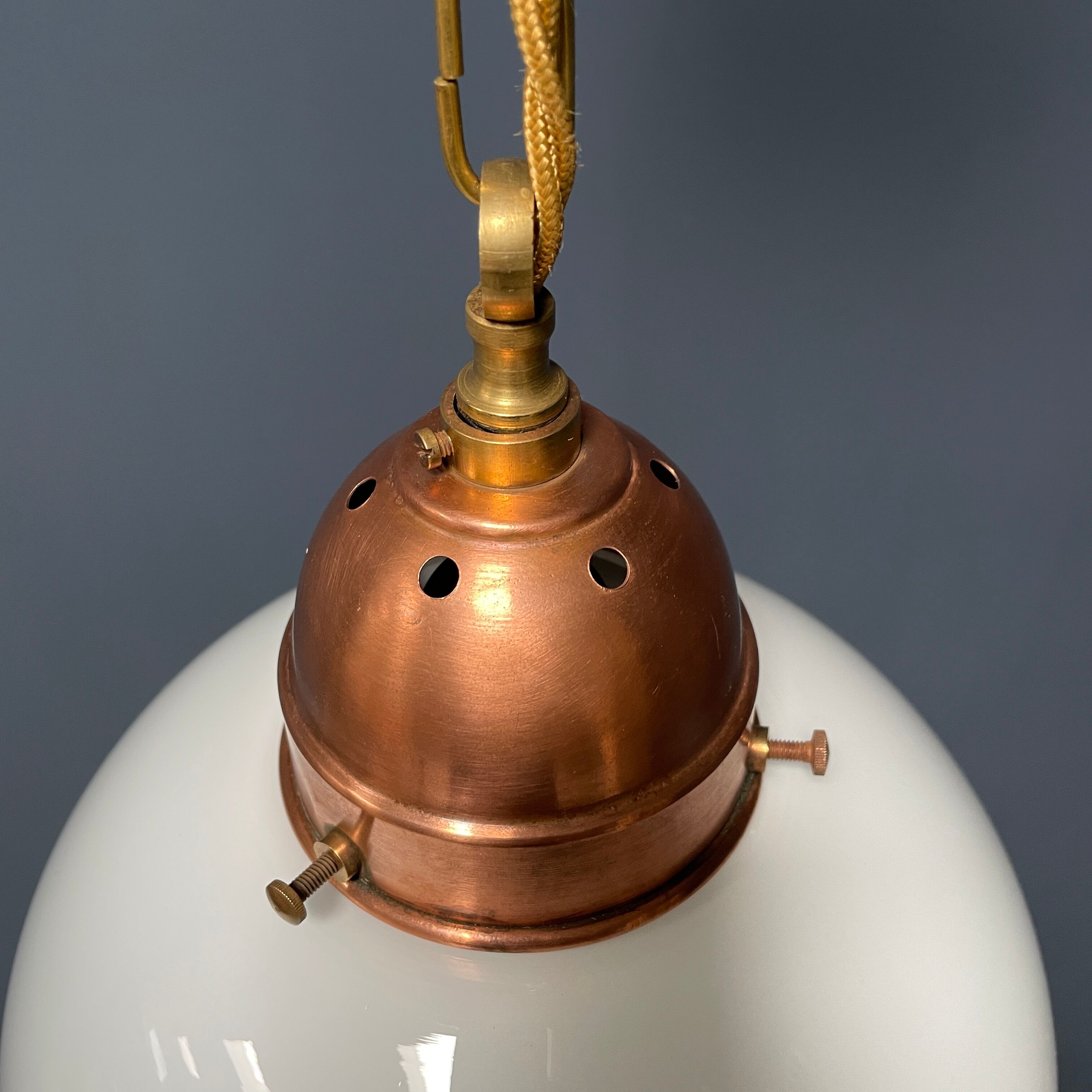 Opaline glass ball hanging lamp with copper fixture