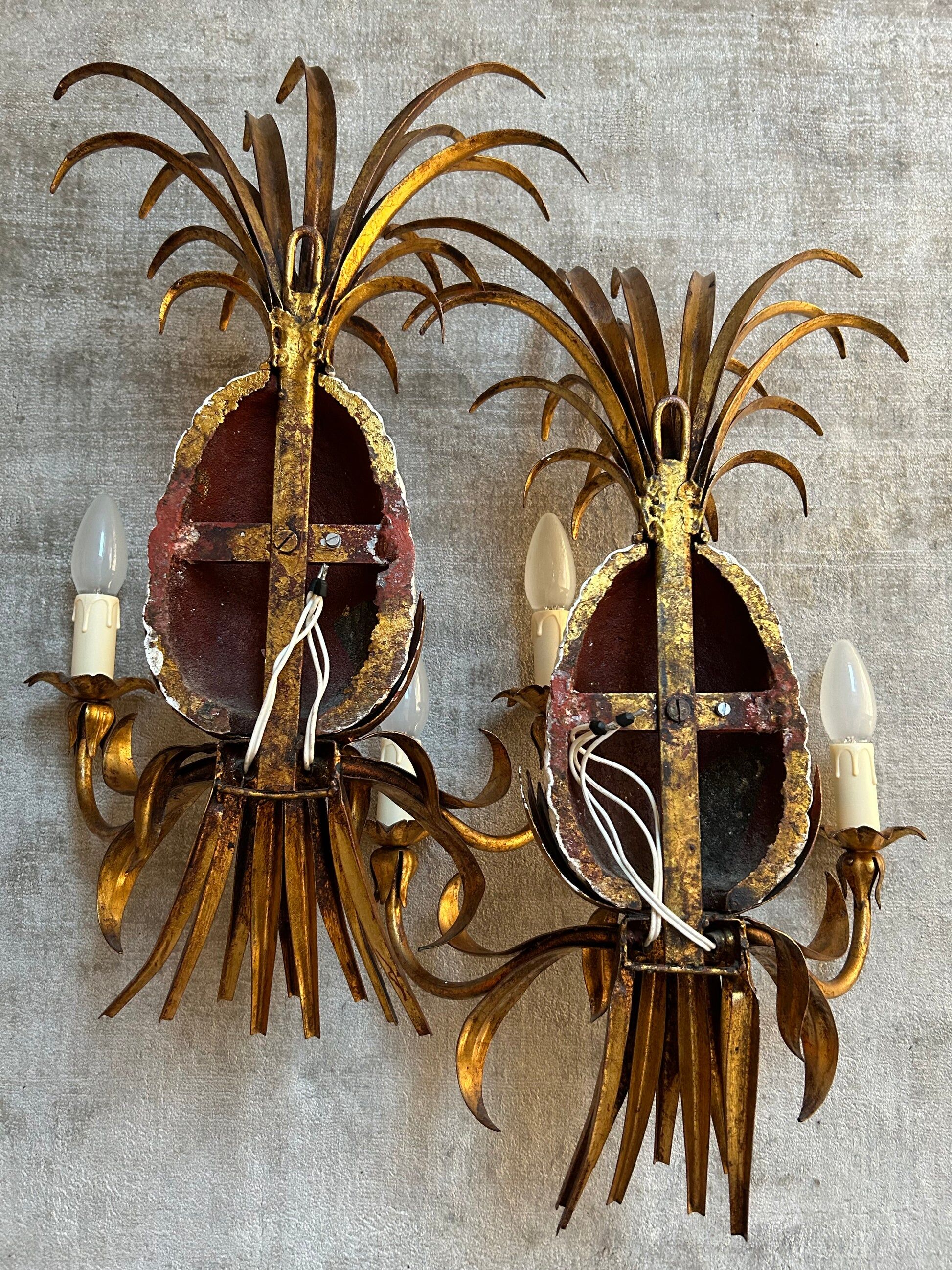 Pair of pineapple wall lights, in the style of Maison Charles / Jansen, 1960s, Hollywood Regency.