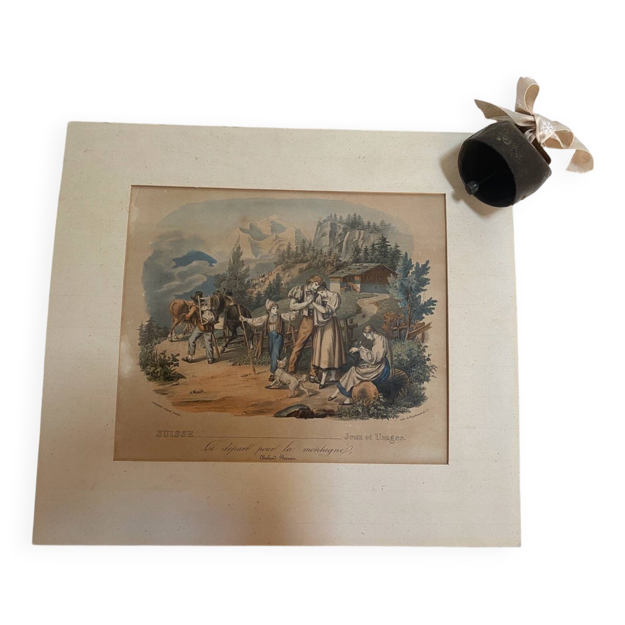 Grande gravure ancienne suisse « le départ pour la montagne »