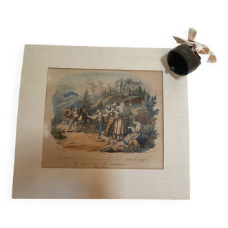 Grande gravure ancienne suisse « le départ pour la montagne »