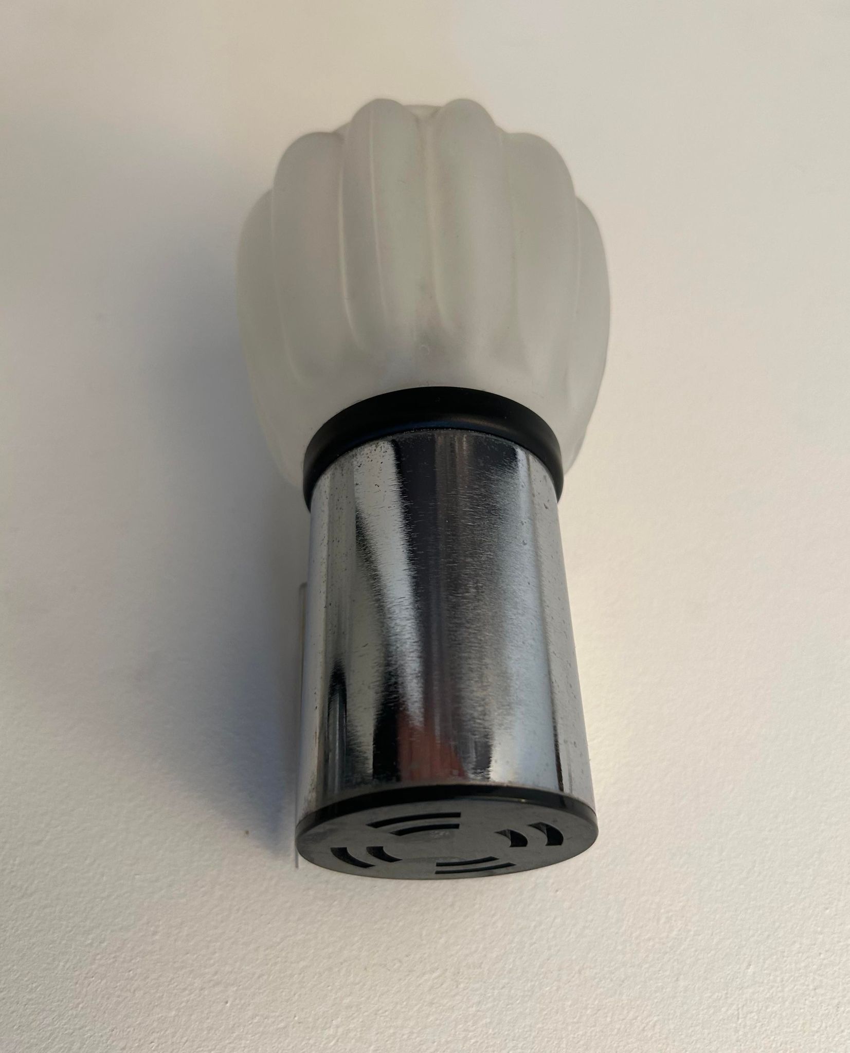 Pair of vintage wall lamps, sandblasted glass and chromed metal, France 1970