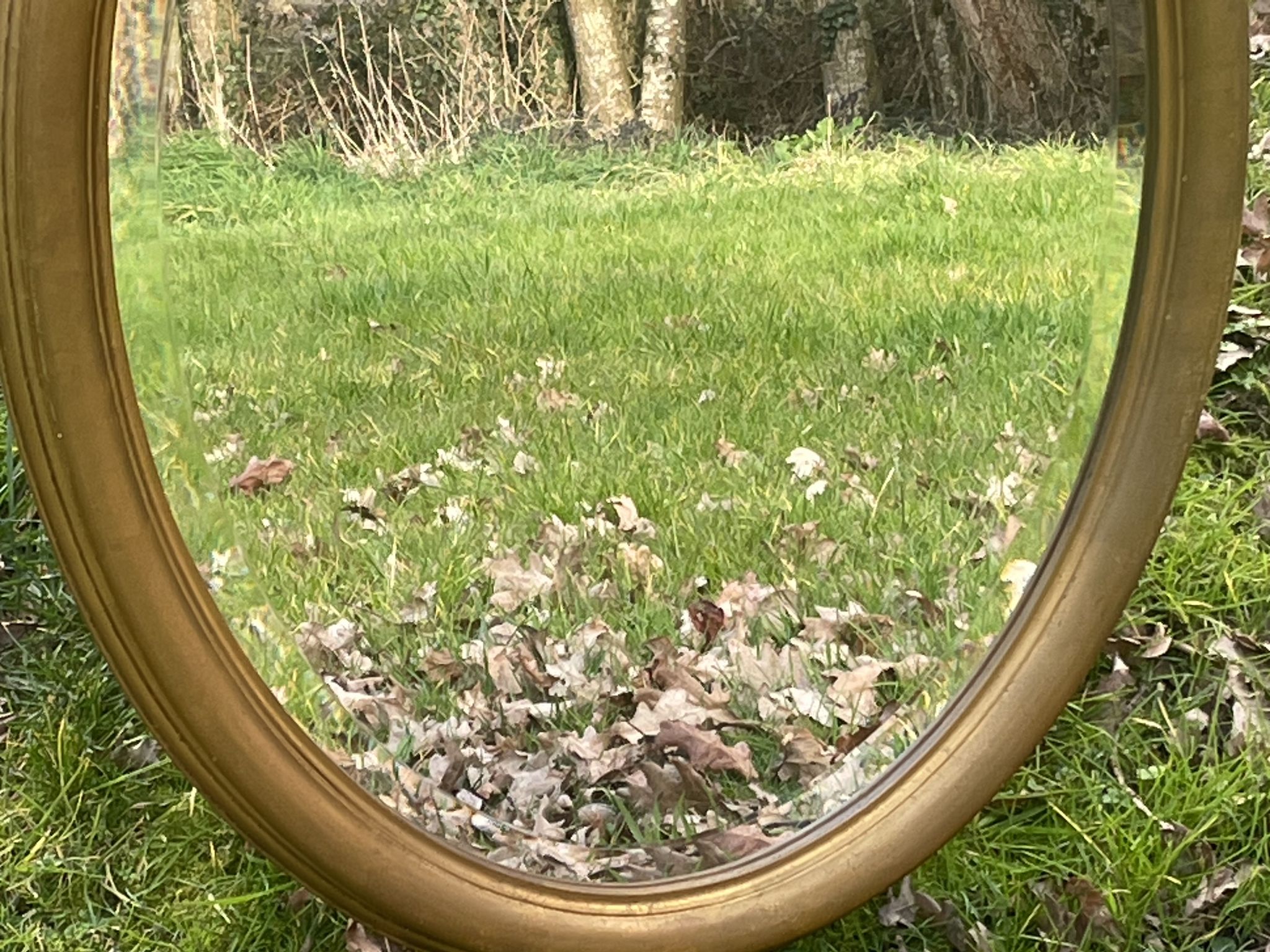 Bevelled golden oval mirror, 79 x 59 cm