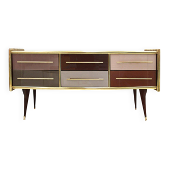 Mid-Century Modern Style Solid Wood and Colored Glass Italian Sideboard