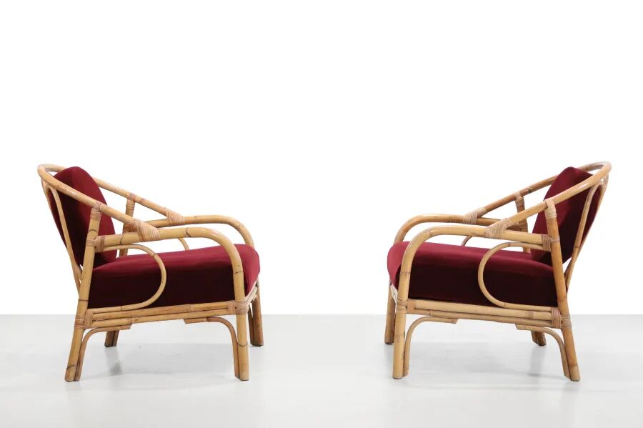 Set of 2 bamboo and rattan armchairs with Bordeaux red mohair upholstery