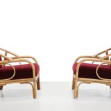 Set of 2 bamboo and rattan armchairs with Bordeaux red mohair upholstery