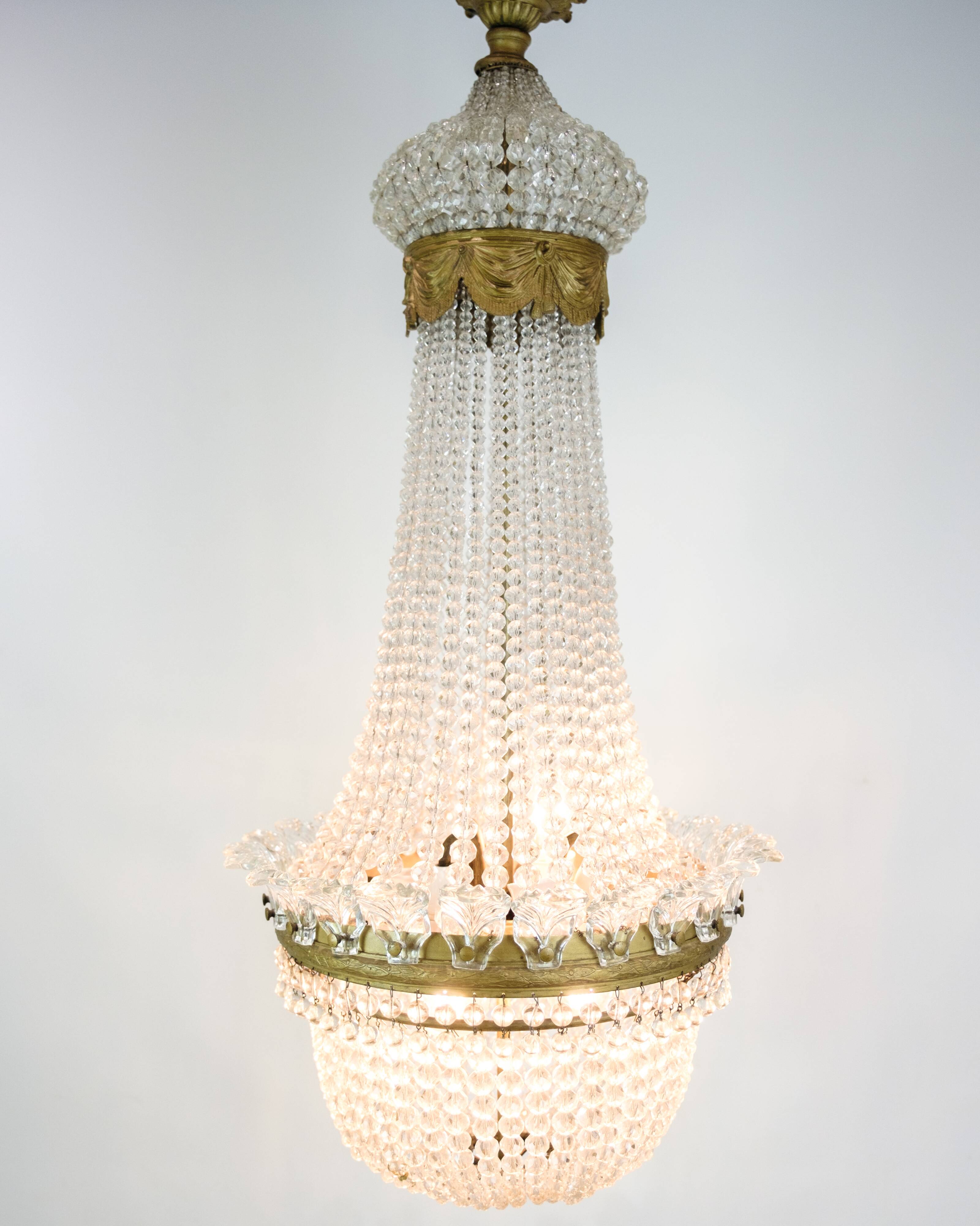 Antique Prism Chandelier Decorated In Brass, Bronze & Crystals From 1890s