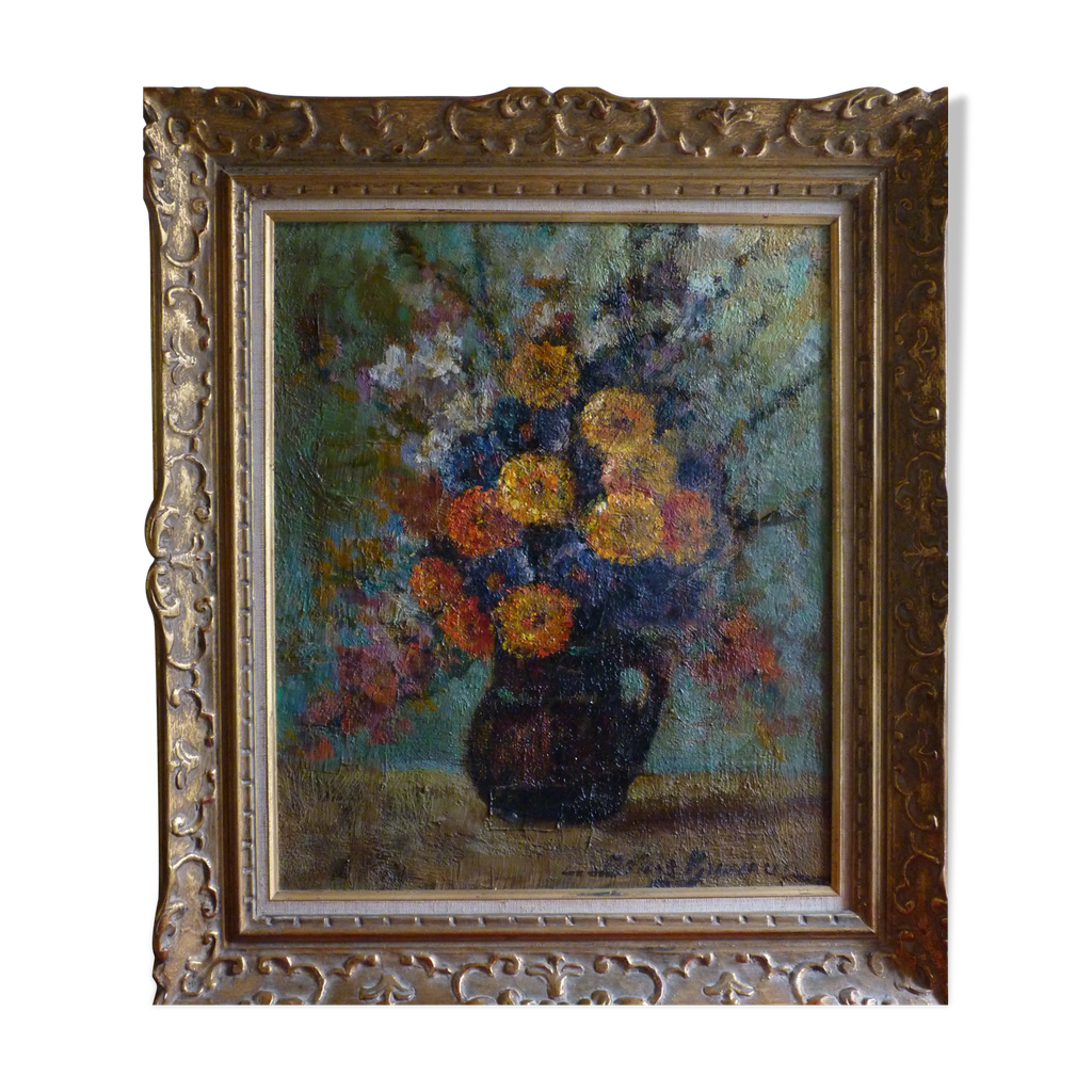 Tableau huile sur toile bouquet de fleurs dans un vase, signé Denis ...