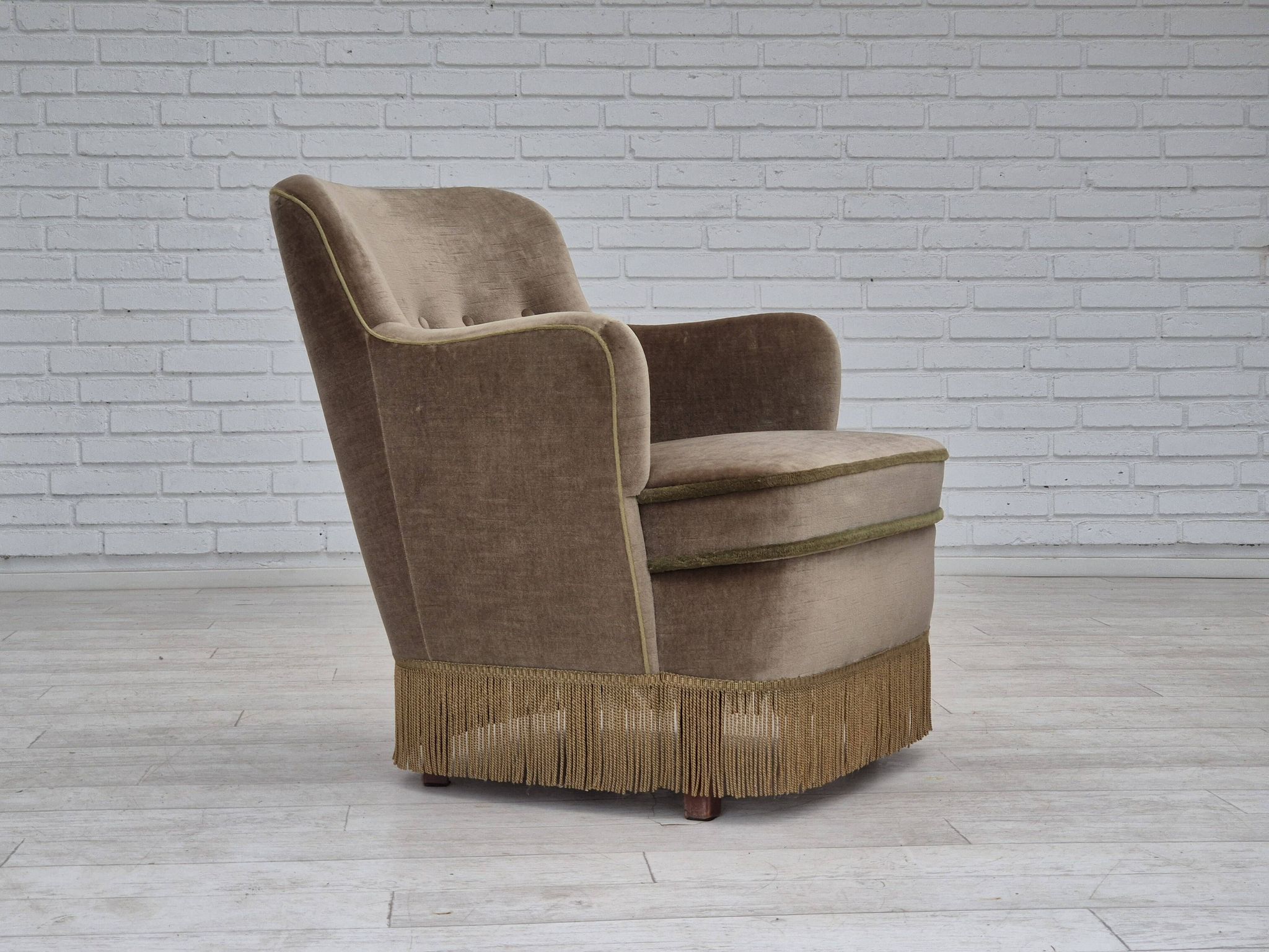 1970s, Danish lounge chair, original condition, furniture velour, beech wood legs.