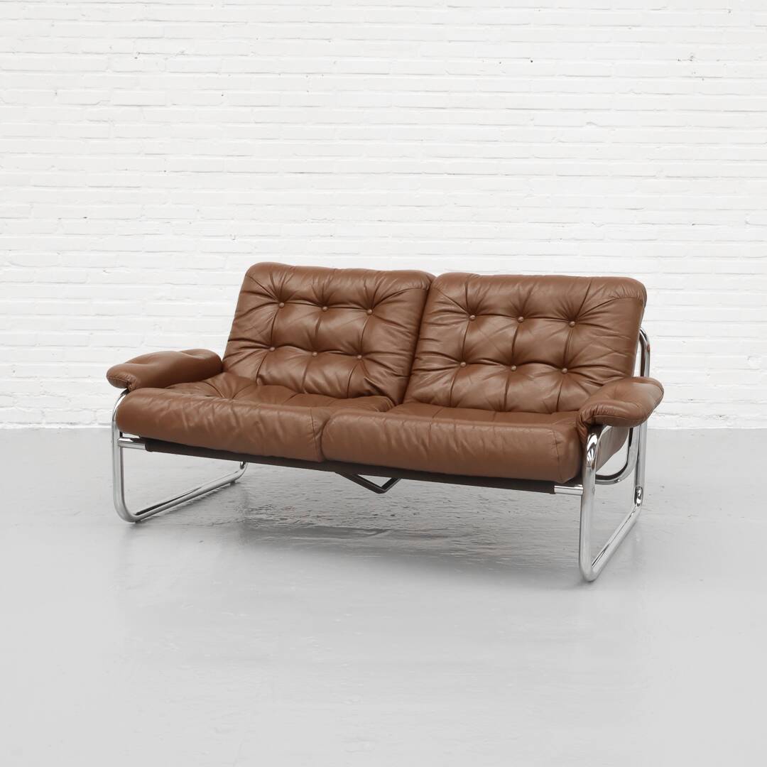 Tufted leather borkum two-seater sofa by johan bertil for ikea 1970s