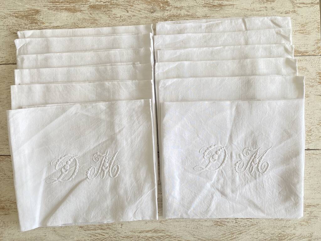 Set of 10 antique hand-embroidered "DM" napkins - Linen threads - 72x86 cm