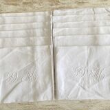 Set of 10 antique hand-embroidered "DM" napkins - Linen threads - 72x86 cm