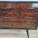 1960s chest of drawers in mahogany and lacquered mahogany with blue glass